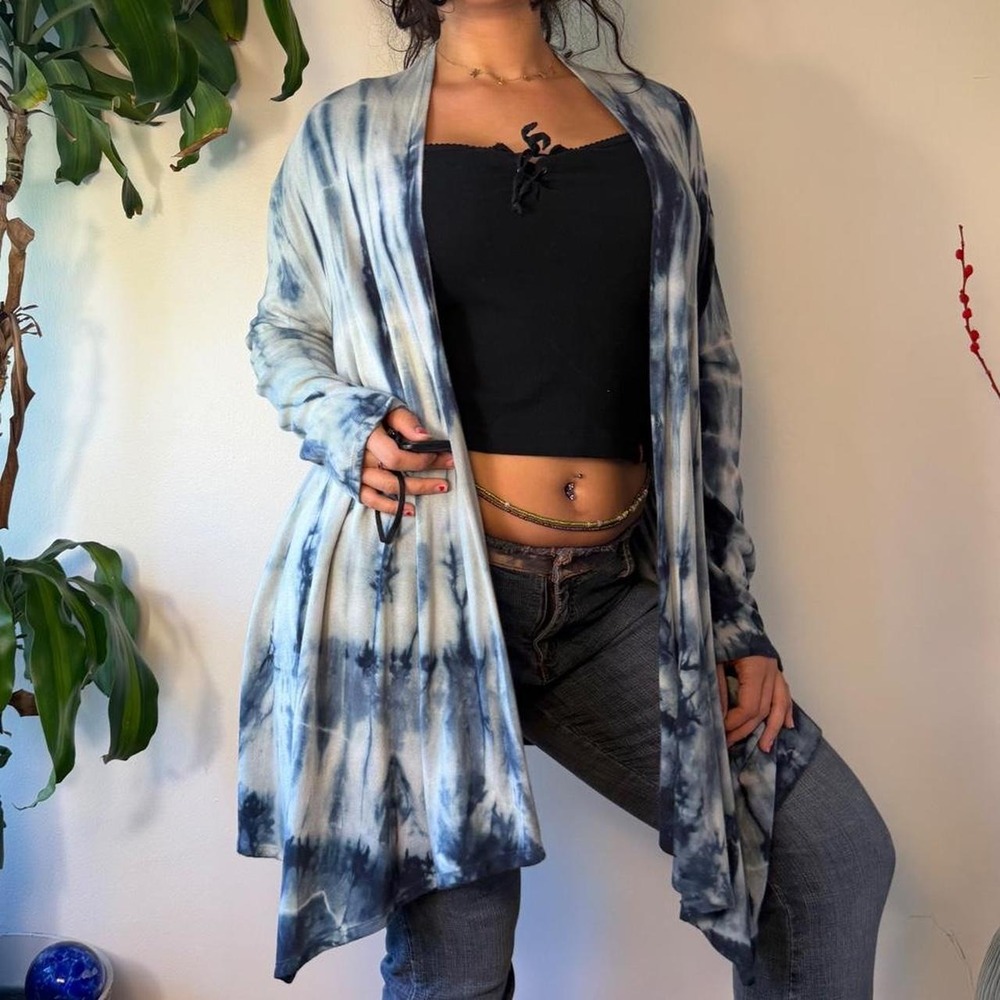 Soft Surroundings Blue White Tie Dye Handkerchief Hem Cardigan PXL USA Made